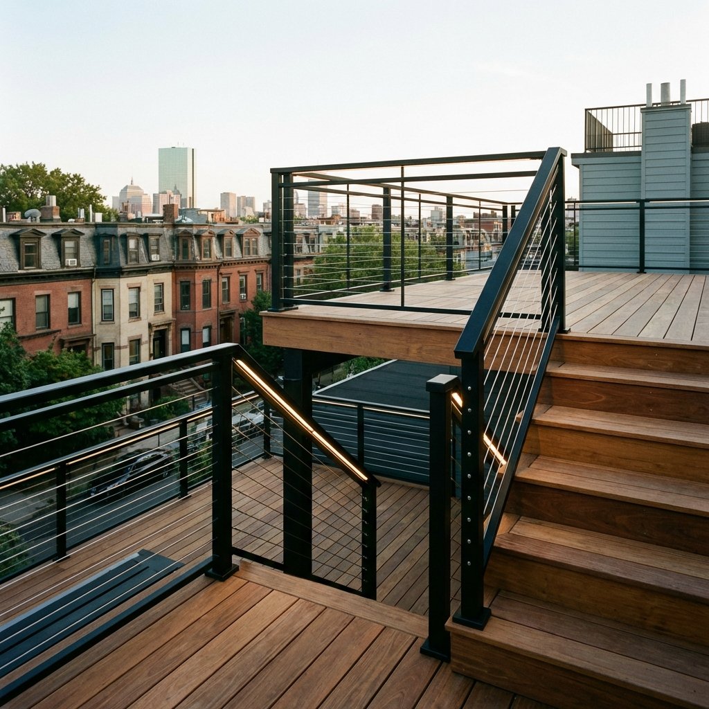 Deck stairs and black metal railings installed in Boston MA